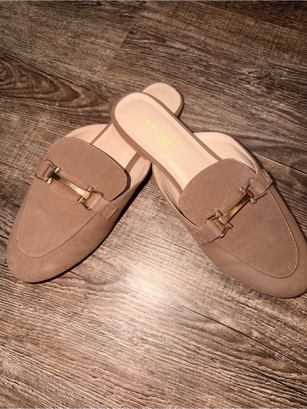 Kelsi Dagger Taupe Suede Slip-On Mule Loafers with Gold Hardware